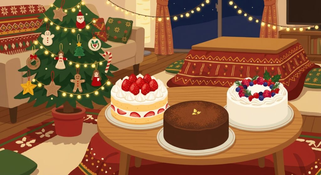 クリスマスツリーの横に並んだホールケーキのイラスト