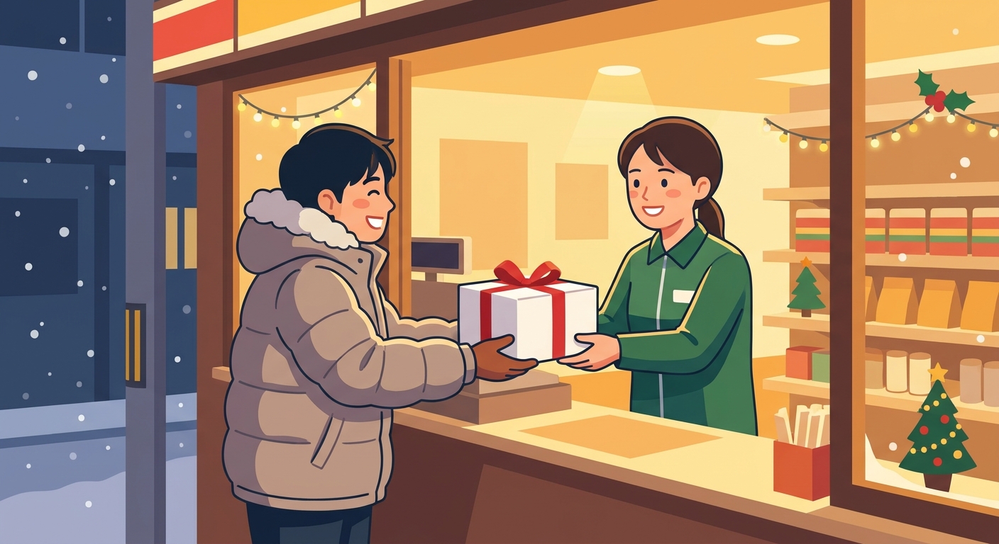 コンビニのレジでケーキの箱を受け取る人のイラスト